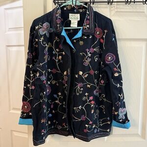 Vintage Quacker Factory L Embroidered Beaded Jacket Large Fairy Cottage Whimsy